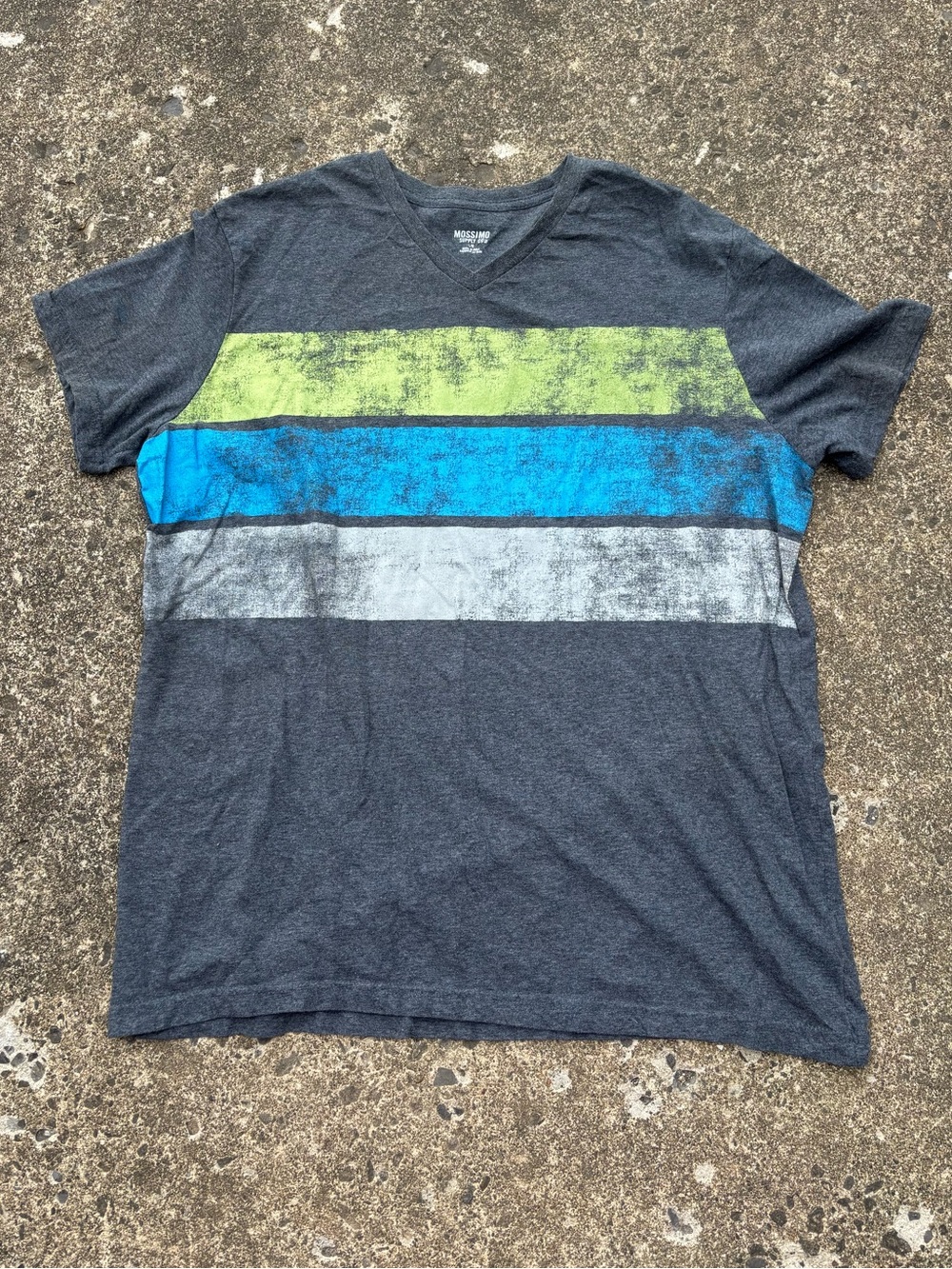 Mossimo Supply Co. Charcoal V-Neck Tee with Lime, Blue & Light Gray Stripes
